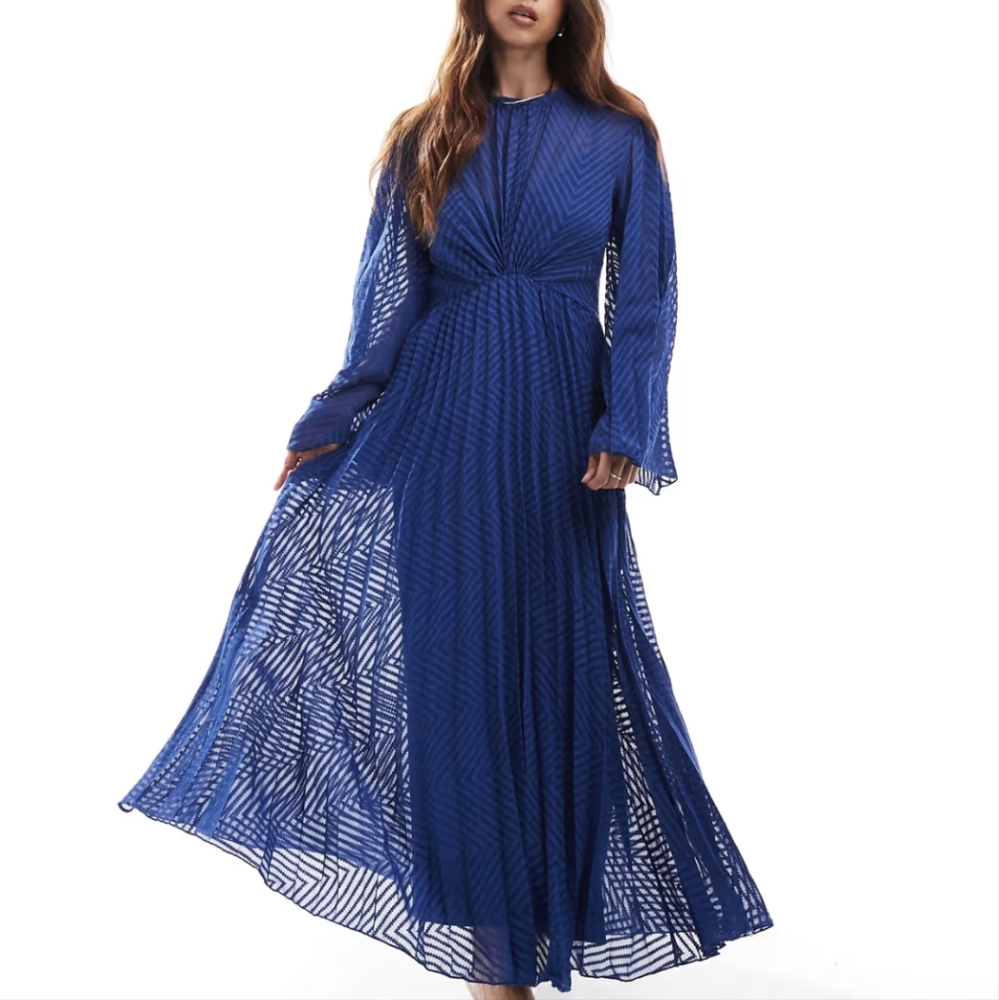 ASOS DESIGN tie back fluted sleeve pleated chevron chiffon midi dress in navy